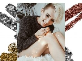 woman glitter top christmas lights
